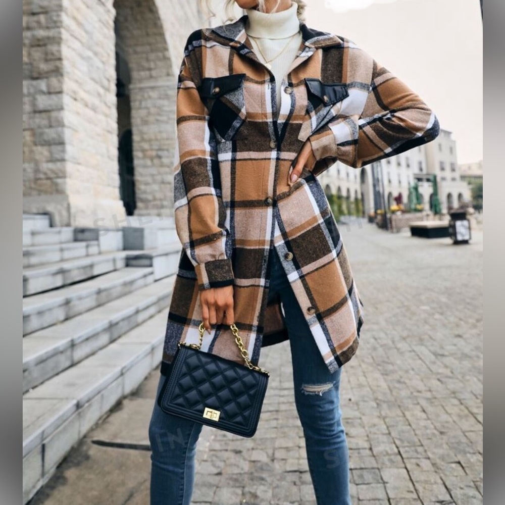 Plaid Print Drop Shoulder Flap Pocket Overcoat. Size Medium multi color - Picture 3 of 6